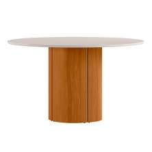 Mesa de Jantar Redonda com Tampo de Vidro Serena Off White e Ypê 135 cm