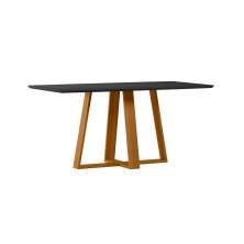 Mesa de Jantar Retangular com Tampo de Vidro Lectus Preto e Ipê 170 cm