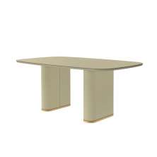 Mesa de Jantar Retangular com Tampo de Vidro Off White Lintz Bege e Dourado 184 cm