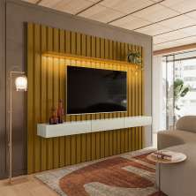 Painel Ripado com Rack Suspenso até 70 Polegadas Tulum com LED 1 PT 2 GV Cedro e Off White Alt 218 Larg 222 cm