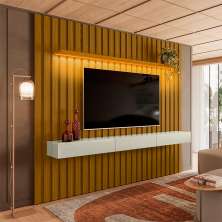Painel Ripado com Rack Suspenso até 70 Polegadas Tulum com LED 1 PT 2 GV Cedro e Off White Alt 242 Larg 222 cm