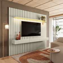 Painel Ripado com Rack Suspenso até 70 Polegadas Tulum com LED 1 PT 2 GV Off White Alt 218 Larg 222 cm