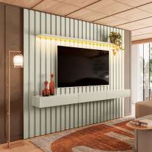 Painel Ripado com Rack Suspenso até 70 Polegadas Tulum com LED 1 PT 2 GV Off White Alt 242 Larg 222 cm