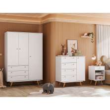 Quarto Infantil Retrô Plus com Guarda-Roupa 3 PT 3 GV Cômoda 1 PT 4 GV e Mesa de Cabeceira 1 GV Branco