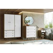 Quarto Solteiro Retrô Plus com Guarda-Roupa 3 PT 3 GV Cômoda 4 GV e Mesa de Cabeceira 1 GV Carvalho e Branco