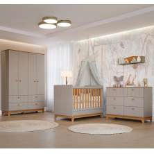 Quarto de Bebê Biscoito com Berço Minicama, Guarda-Roupa 4 PT 4 GV e Cômoda 6 GV Fendi e Nature