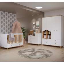 Quarto de Bebê Candy com Berço, Guarda-Roupa 4 PT 4 GV e Cômoda 1 PT 3 GV Branco e Nature