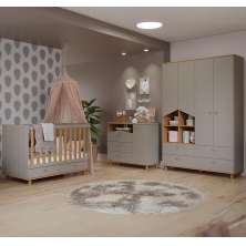 Quarto de Bebê Candy com Berço, Guarda-Roupa 4 PT 4 GV e Cômoda 1 PT 3 GV Fendi e Nature