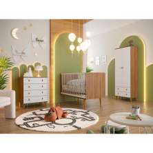 Quarto de Bebê Encanto com Berço 66 cm, Cômoda 4 GV e Guarda-Roupa 2 PT e 2 GV Nogal e Branco