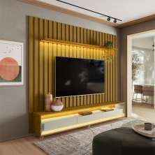 Rack com Painel Ripado até 70 Polegadas Sintra com LED 3 GV Cedro e Off White Alt 218 Larg 222 cm