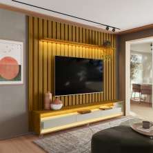 Rack com Painel Ripado até 70 Polegadas Sintra com LED 3 GV Cedro e Off White Alt 242 Larg 222 cm