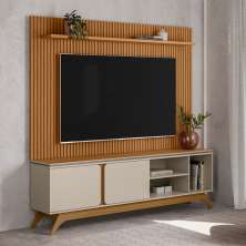 Rack com Painel Ripado para TV até 75 Polegas Istambul 2 Portas Off White e Nature
