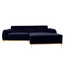 Sofá 3 Lugares Molino com Chaise Direito Veludo Azul Marinho e Dourado
