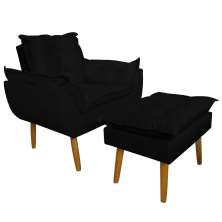 Conjunto Decorativo Poltrona com Puff Opala Suede Preto - Montanaris Decor