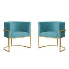 Kit 2 Poltronas Decorativa Sala de Estar Luana Base Gold Veludo Azul Turquesa - Montanaris Decor