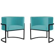 Kit 2 Poltronas Decorativa Sala de Estar Luana Base Preta Veludo Azul Turquesa - Montanaris Decor