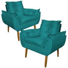 Kit 2 Poltronas Decorativa para Sala de Estar Opala Suede Azul Turquesa - Montanaris Decor
