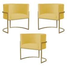 Kit 3 Poltronas Decorativa Sala de Estar Luana Base Gold Suede Amarelo - Montanaris Decor