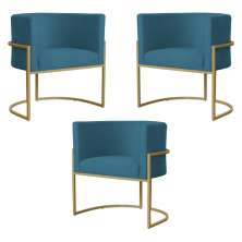 Kit 3 Poltronas Decorativa Sala de Estar Luana Base Gold Suede Azul - Montanaris Decor