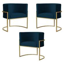 Kit 3 Poltronas Decorativa Sala de Estar Luana Base Gold Suede Azul Marinho - Montanaris Decor