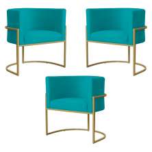 Kit 3 Poltronas Decorativa Sala de Estar Luana Base Gold Suede Azul Turquesa - Montanaris Decor