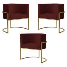 Kit 3 Poltronas Decorativa Sala de Estar Luana Base Gold Suede Bordô - Montanaris Decor