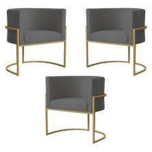 Kit 3 Poltronas Decorativa Sala de Estar Luana Base Gold Suede Cinza - Montanaris Decor