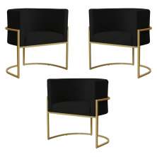 Kit 3 Poltronas Decorativa Sala de Estar Luana Base Gold Suede Preto - Montanaris Decor