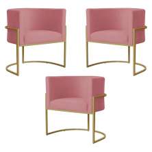 Kit 3 Poltronas Decorativa Sala de Estar Luana Base Gold Suede Rosa - Montanaris Decor