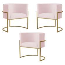 Kit 3 Poltronas Decorativa Sala de Estar Luana Base Gold Suede Rosa Claro - Montanaris Decor