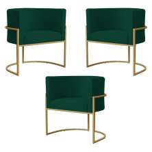 Kit 3 Poltronas Decorativa Sala de Estar Luana Base Gold Suede Verde - Montanaris Decor