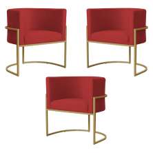 Kit 3 Poltronas Decorativa Sala de Estar Luana Base Gold Suede Vermelho - Montanaris Decor