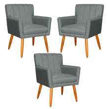 Kit 3 Poltronas Decorativa para Sala de Estar Cecília Linho Cinza - Montanaris Decor