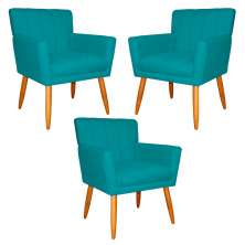 Kit 3 Poltronas Decorativa para Sala de Estar Cecília Suede Azul Turquesa - Montanaris Decor
