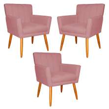 Kit 3 Poltronas Decorativa para Sala de Estar Cecília Suede Rosa - Montanaris Decor