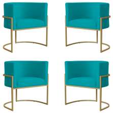 Kit 4 Poltronas Decorativa Sala de Estar Luana Base Gold Suede Azul Turquesa - Montanaris Decor