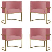 Kit 4 Poltronas Decorativa Sala de Estar Luana Base Gold Suede Rosa - Montanaris Decor
