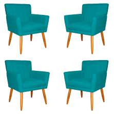 Kit 4 Poltronas Decorativa para Sala de Estar Cecília Suede Azul Turquesa - Montanaris Decor
