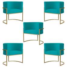 Kit 5 Poltronas Decorativa Sala de Estar Luana Base Gold Suede Azul Turquesa - Montanaris Decor