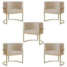 Kit 5 Poltronas Decorativa Sala de Estar Luana Base Gold Suede Bege - Montanaris Decor
