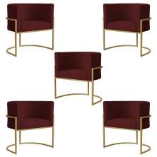 Kit 5 Poltronas Decorativa Sala de Estar Luana Base Gold Suede Bordô - Montanaris Decor