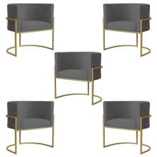 Kit 5 Poltronas Decorativa Sala de Estar Luana Base Gold Suede Cinza - Montanaris Decor