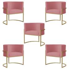 Kit 5 Poltronas Decorativa Sala de Estar Luana Base Gold Suede Rosa - Montanaris Decor