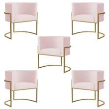 Kit 5 Poltronas Decorativa Sala de Estar Luana Base Gold Suede Rosa Claro - Montanaris Decor
