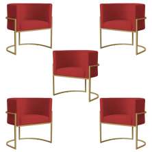 Kit 5 Poltronas Decorativa Sala de Estar Luana Base Gold Suede Vermelho - Montanaris Decor
