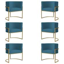 Kit 6 Poltronas Decorativa Sala de Estar Luana Base Gold Suede Azul - Montanaris Decor