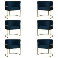 Kit 6 Poltronas Decorativa Sala de Estar Luana Base Gold Suede Azul Marinho - Montanaris Decor