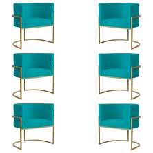 Kit 6 Poltronas Decorativa Sala de Estar Luana Base Gold Suede Azul Turquesa - Montanaris Decor