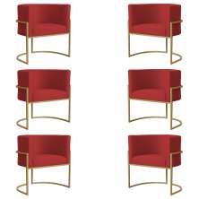 Kit 6 Poltronas Decorativa Sala de Estar Luana Base Gold Suede Vermelho - Montanaris Decor