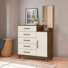 Cômoda Sapateira 5 gavetas com Espelho Lisboa - Castanho Wood / Baunilha